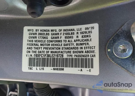 2020 Honda Civic Ex from USA, damaged, VIN 19XFC1F38LE219728